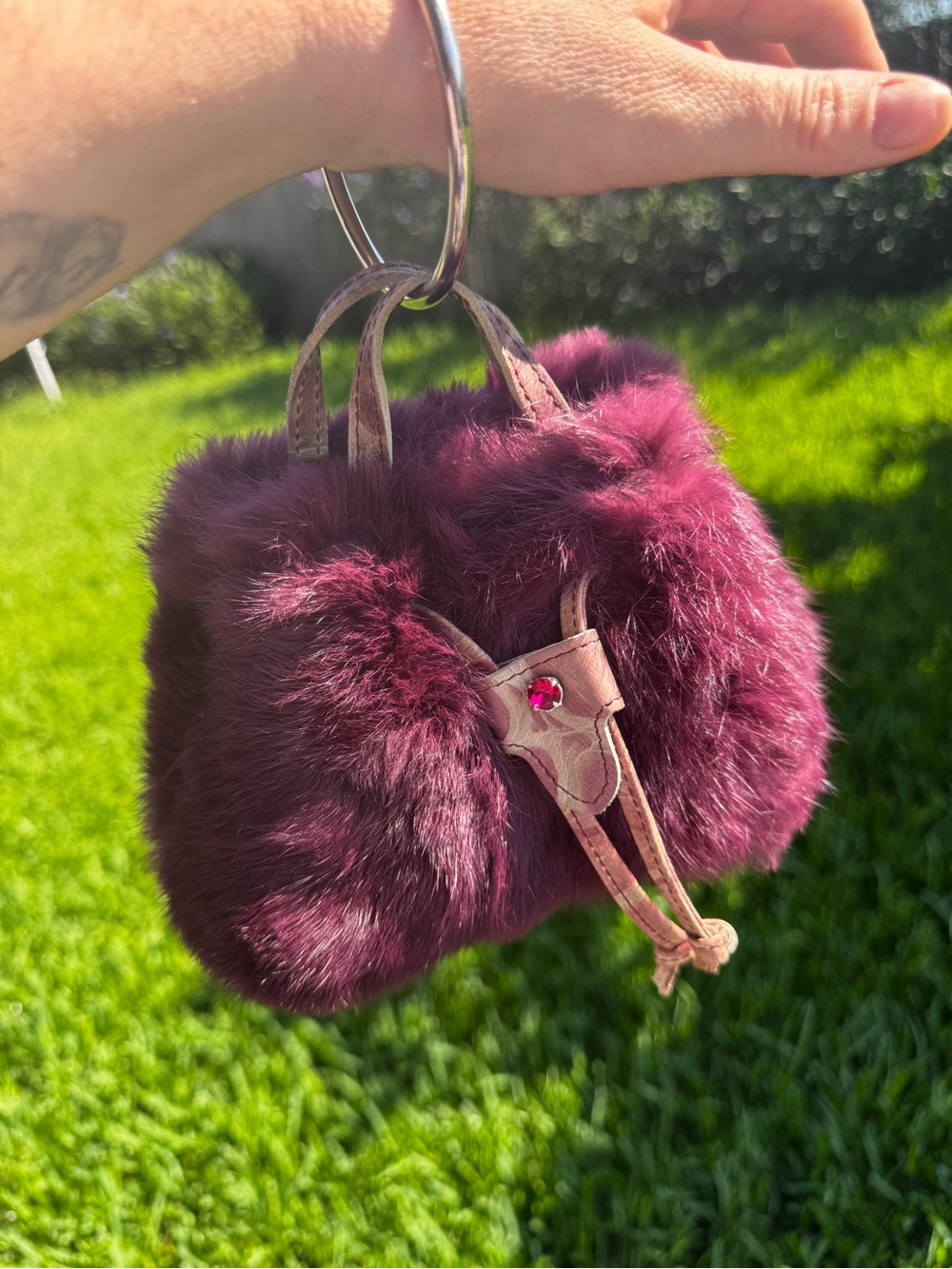Caterina Lucchi Fur Mini Handbag Made In Italy Burgundy Ring Handle Y2K - Picture 5 of 15